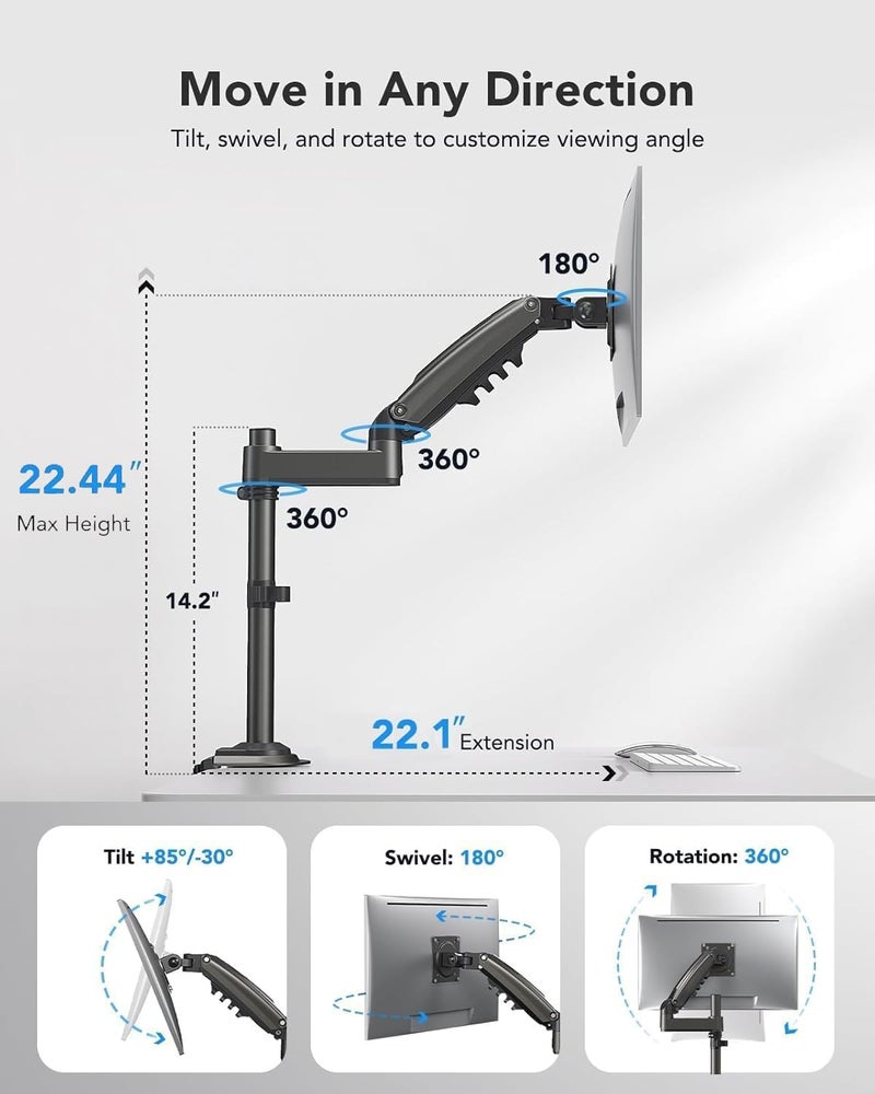HUANUO Single Monitor Arm, Adjustable Desk Mount for 13-34 inch Screens, Holds 19.8lb, 22.44 inch Max Height, Full Motion Swivel Gaming Monitor Stand with VESA 75x75mm and 100x100mm Compatibility - Image 5